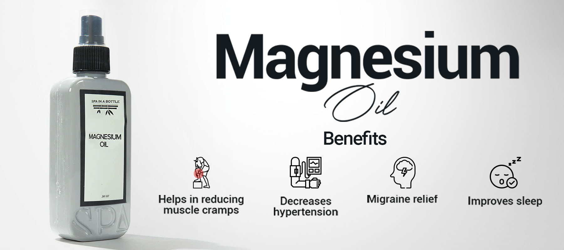 Clear spray bottle labeled Magnesium Oil with icons showing benefits
